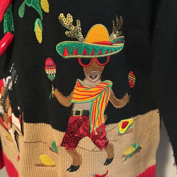 Feliz Navidad Ugly Christmas Sweater Santa Chili Peppers Avocado Sequins Small - Picture 4 of 12